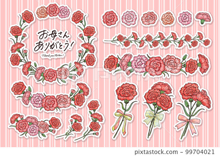 水彩風格康乃馨框架/線條素材插圖集與主線/白色邊框貼紙風格矢量 水彩風格康乃馨框架/線條素材插圖集與主線/白色邊框貼紙風格矢量 99704021