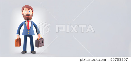 Young business man in suit standing with briefcase on a white background. Leader success, management concept. 3d illustration people character. Cartoon minimal style. Young business man in suit standing with briefcase on a white background. Leader success, management concept. 3d illustration people character. Cartoon minimal style. 99705397