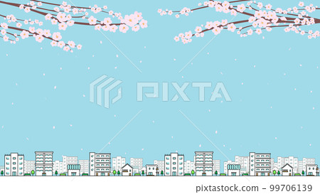 櫻花花瓣的藍天和帶有房屋、公寓、商店和建築物的城市景觀背景(藍色) 櫻花花瓣的藍天和帶有房屋、公寓、商店和建築物的城市景觀背景(藍色) 99706139