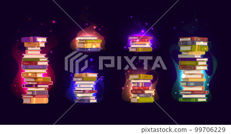 Set of magic spell book stacks on dark background Set of magic spell book stacks on dark background 99706229
