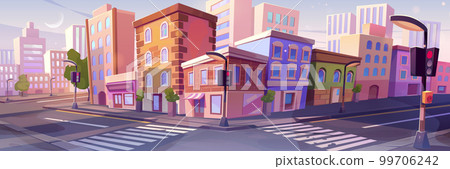 City street corner with buildings, traffic lights 99706242