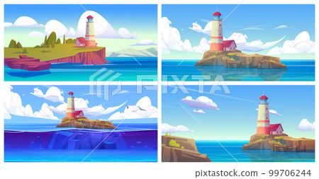 Cartoon set of seascape with lighthouse on island 99706244