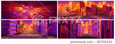 Cartoon city sunset vibrant game background set Cartoon city sunset vibrant game background set 99706293