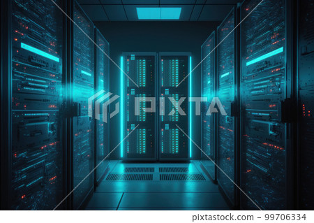 Dark server data center room with computers and storage systems in blue shades. AI Generative 99706334