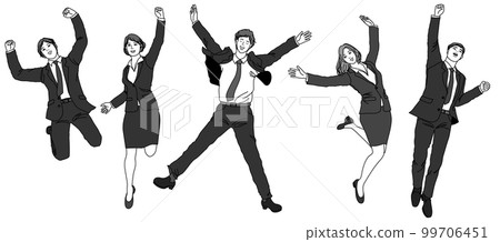 Illustration set of five jumping office workers and OL men and women, full body front Illustration set of five jumping office workers and OL men and women, full body front 99706451