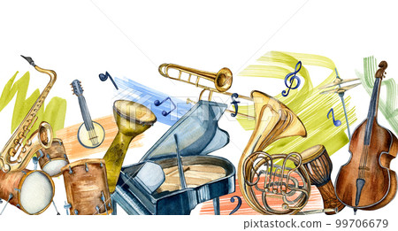 Board of jazz musical instruments and brush strokes watercolor illustration isolated on white. Board of jazz musical instruments and brush strokes watercolor illustration isolated on white. 99706679