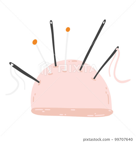 Pincushion with needles. Hand drawn flat illustration of accessories for sewing, embroidery, needlework supply, handicraft, hobby concept Pincushion with needles. Hand drawn flat illustration of accessories for sewing, embroidery, needlework supply, handicraft, hobby concept 99707640