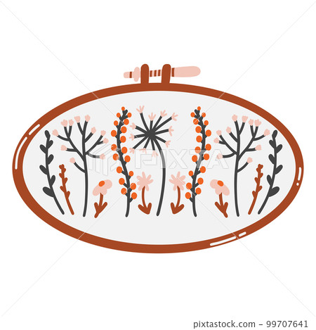 Embroidery hoop in flat cartoon style. Hand drawn vector illustration of hobby, needlework, satin and cross stitch, plant motifs Embroidery hoop in flat cartoon style. Hand drawn vector illustration of hobby, needlework, satin and cross stitch, plant motifs 99707641