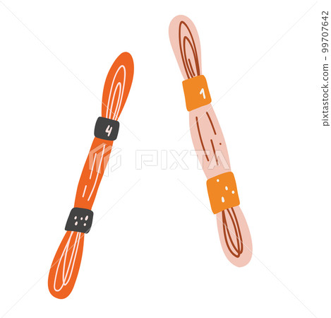 Embroidery floss in cartoon flat style. Hand drawn vector illustration of mouline threads, needlework supply, sewing, embroidery, handicrafts, hobby concept Embroidery floss in cartoon flat style. Hand drawn vector illustration of mouline threads, needlework supply, sewing, embroidery, handicrafts, hobby concept 99707642