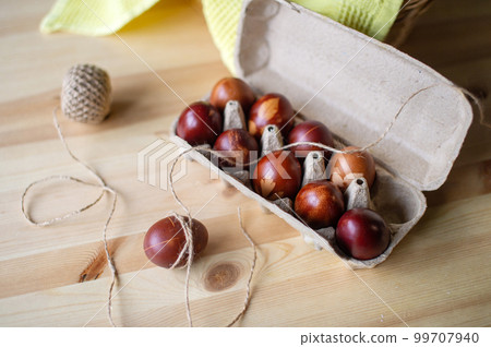 Painted eggs cooked for Easter are in an eco-friendly tray Painted eggs cooked for Easter are in an eco-friendly tray 99707940