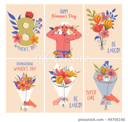 Collection of greeting card or postcard templates. 8 march, International Women's Day. Girl power, feminism, sisterhood concept. Collection of greeting card or postcard templates. 8 march, International Women's Day. Girl power, feminism, sisterhood concept. 99708198