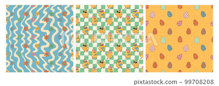 Groovy hippie Happy Easter seamless pattern set. Easter backgrounds in trendy retro 60s 70s cartoon style. 99708208