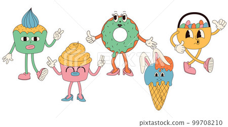 Groovy hippie Happy Easter characters. Easter bun, ice cream, egg basket in trendy retro 60s 70s cartoon style. Groovy hippie Happy Easter characters. Easter bun, ice cream, egg basket in trendy retro 60s 70s cartoon style. 99708210