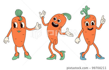 Groovy hippie Happy Easter characters. Set of Easter carrot in trendy retro 60s 70s cartoon style. Groovy hippie Happy Easter characters. Set of Easter carrot in trendy retro 60s 70s cartoon style. 99708211