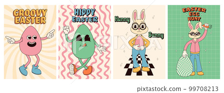 Groovy hippie Happy Easter posters. Easter eggs, bunny. Vector card in trendy retro 60s 70s cartoon style. 99708213