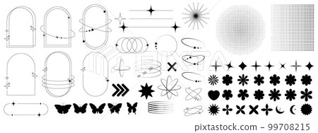 Set of geometric shapes in trendy retro style. 00s Y2k aesthetic. Modern minimalist arch frame with sparkles. Trendy design elements for banners, social media, poster design, packaging. 99708215
