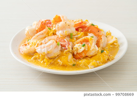 creamy omelet with shrimps or scrambled eggs and shrimps creamy omelet with shrimps or scrambled eggs and shrimps 99708669