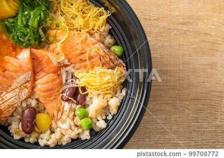 grilled salmon with brown rice donburi grilled salmon with brown rice donburi 99708772