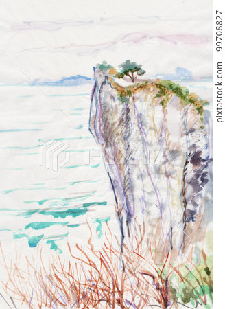 cliff on the coast painted in watercolor 99708827