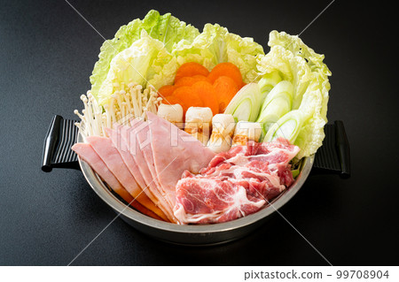 sukiyaki or shabu hot pot black soup with meat raw and vegetable sukiyaki or shabu hot pot black soup with meat raw and vegetable 99708904