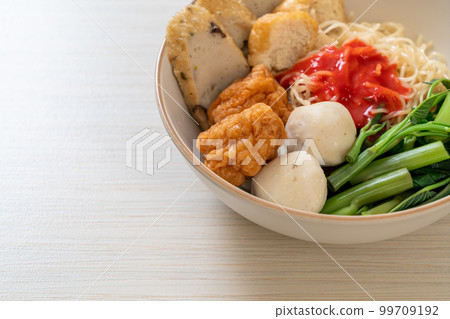 egg noodles with fish balls and shrimp balls in pink sauce, Yen Ta Four or Yen Ta Fo egg noodles with fish balls and shrimp balls in pink sauce, Yen Ta Four or Yen Ta Fo 99709192