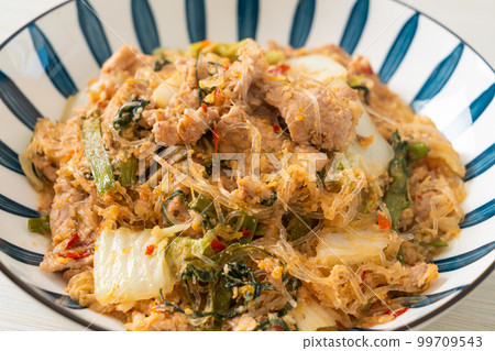 Stir-Fried Thai Styled Sukiyaki or Stir-fried vermicelli with pork and vegetables in sukiyaki sauce 99709543