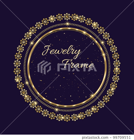 Circular golden frame with large negative space for copy placement. Jewelry gold chains, beads, shiny stars, small glittering particles. Logo, emblem, badge for anniversary, award on dark background 99709551