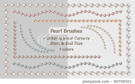Set of pattern brushes with string of pearl beads. Chain brushes with corners, end and start tiles. Pastel colors. Isolated on light backgrounds. 99709561