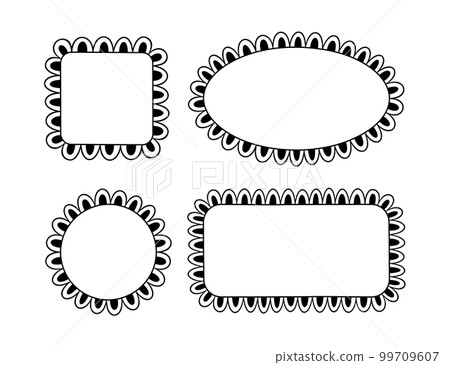 Doodle circle and square scalloped frames. Hand drawn scalloped edge rectangle and ellipse shapes. Simple label form. Flower silhouette lace frame. Vector illustration isolated on white background 99709607