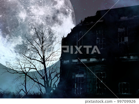 Illustration of a crumbling building, a dead tree and a gray full moon in the starry sky 99709926