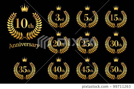 週年紀念插圖月桂樹、皇冠和絲帶標記圖標集 週年紀念插圖月桂樹、皇冠和絲帶標記圖標集 99711263