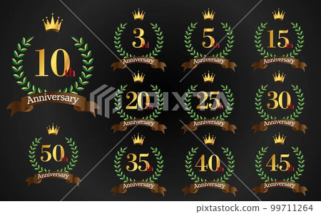 週年紀念插圖月桂樹、皇冠和絲帶標記圖標集 週年紀念插圖月桂樹、皇冠和絲帶標記圖標集 99711264