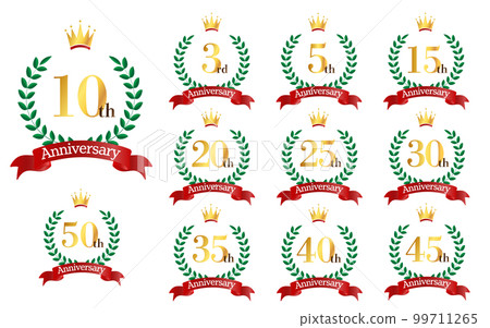 週年紀念插圖月桂樹、皇冠和絲帶標記圖標集 週年紀念插圖月桂樹、皇冠和絲帶標記圖標集 99711265