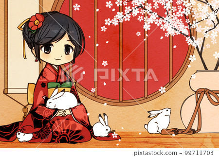一個女孩和一隻兔子在櫻花盛開的紅色圓窗前放鬆 99711703