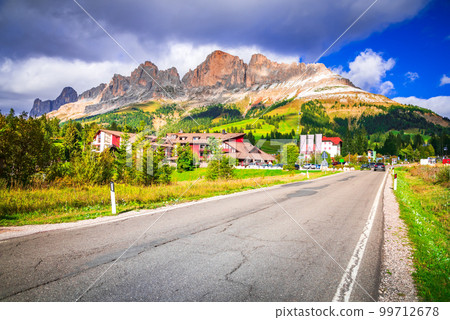 Carezza, Italy. Bolzano region scenery with Cima Roda di Vael, Dolomites mountains. Carezza, Italy. Bolzano region scenery with Cima Roda di Vael, Dolomites mountains. 99712678