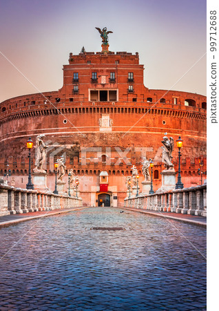 Rome, Italy. Ancient Castel Sant Angelo, Roman Empire landmark in Roma, Lazio. Sunset golden hour. 99712688