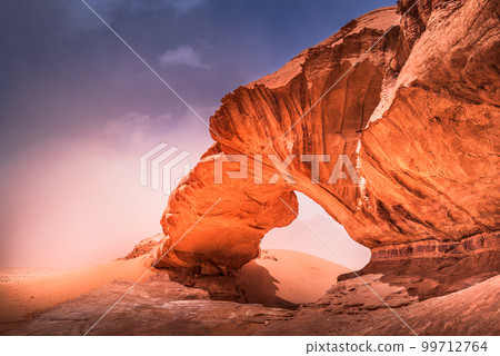 Wadi Rum, Jordan - Arabia Desert, Kharaz Jebel famous rock bridge in Disah Wadi Rum, Jordan - Arabia Desert, Kharaz Jebel famous rock bridge in Disah 99712764