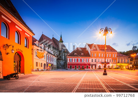 Brasov, Romania. Council Square and Black Church, night view beautiful Transylvania travel place. 99712768