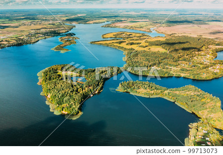Lyepyel District, Vitebsk Region, Belarus. Aerial View Of Lepel Lake With Natural Small Islands Lyepyel District, Vitebsk Region, Belarus. Aerial View Of Lepel Lake With Natural Small Islands 99713073