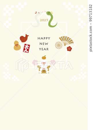 2025年日式蛇年插畫新年賀卡明信片素材 99713182