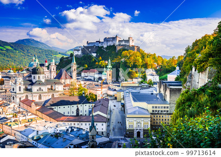 Salzburg, Austria. Hohensalzburg and oldtown, autumn scenic landscape. Salzburg, Austria. Hohensalzburg and oldtown, autumn scenic landscape. 99713614