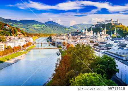 Salzburg, Austria. Hohensalzburg and oldtown, beautiful autumn landscape. Salzburg, Austria. Hohensalzburg and oldtown, beautiful autumn landscape. 99713616