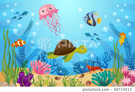 Sea life animals with ocean scene . Cartoon style . Vector . 99714013