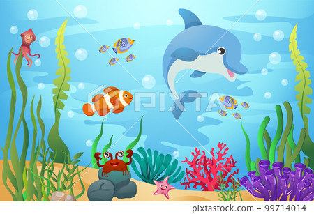 Sea life animals with ocean scene . Cartoon style . Vector . 99714014