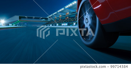 3d Low angle side view of car driving fast at modern international race track 3d Low angle side view of car driving fast at modern international race track 99714384