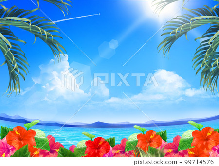 夏季時尚的框架背景材料，在陽光普照的藍天下美麗的海面上綻放著芙蓉花 99714576