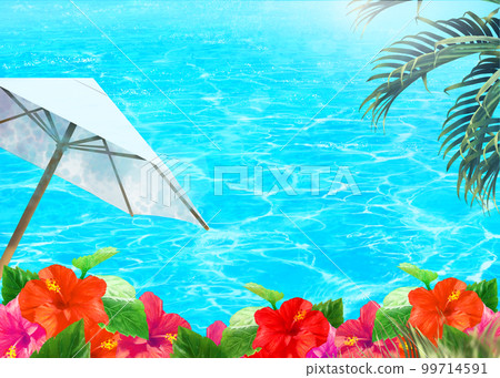 Summer fashionable frame background material with beautiful seaside umbrellas and hibiscus blooming under the blue sky with sunlight 99714591