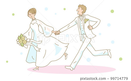 手拉手奔跑的婚禮新娘和新郎 99714779