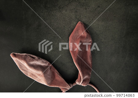 White fluffy bunny rabbit pink ears isolated on concrete black background. Creative easter concept. Minimal concept top view, Happy Easter concept White fluffy bunny rabbit pink ears isolated on concrete black background. Creative easter concept. Minimal concept top view, Happy Easter concept 99714863