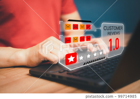 Man give negative reviews for customer satisfaction surveys. One star rating for testimonial, customer evaluation feedback, service rating satisfaction and certification concept. Man give negative reviews for customer satisfaction surveys. One star rating for testimonial, customer evaluation feedback, service rating satisfaction and certification concept. 99714985